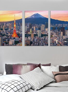 富士山fuji樱花河口湖日本房间背景墙帆布无框画三联组合装饰挂画
