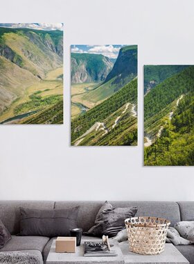 中亚阿尔泰山脉风景山水雪山背景墙帆布无框画三联组合装饰挂画