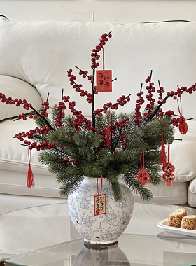 复古陶瓷花瓶青花瓷新年喜庆客厅玄关桌面摆件乔迁新居礼物仿真花