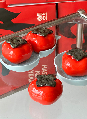 中式福字柿子茶叶罐陶瓷装饰摆件客厅桌面喜庆乔迁礼物红色工艺品