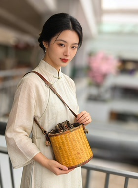 竹编包文艺风手提包禅意手工编织包竹篮包百搭旗袍便携收纳包