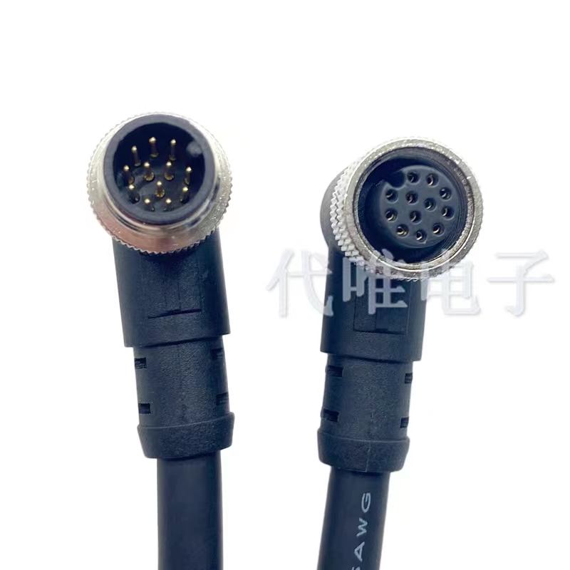 M12连接器防水航空插头带线4芯5芯8芯12芯公母头注塑传感器连接线