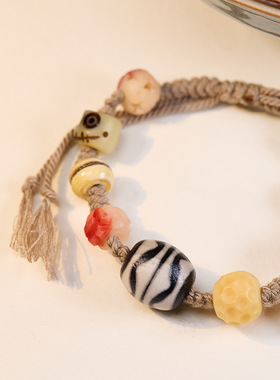 藏式古法天珠玛瑙手链多宝编织手搓棉线可调节手链国潮民族风男女