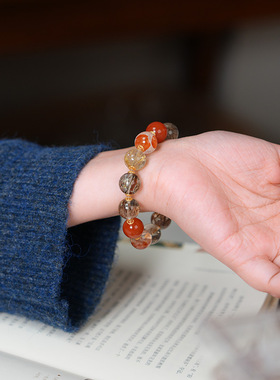 天然黑金超七水晶手链女红胶花金发晶川料满肉南红多宝手串