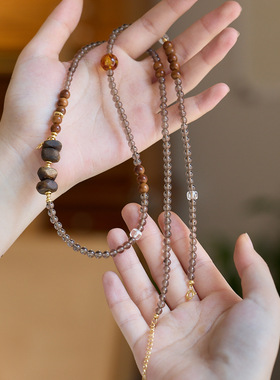 天然冰曜石沉香库克花珀珠项链民族风配饰女感饰品毛衣链