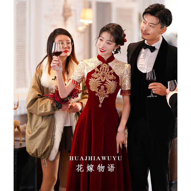 中式新娘2023新款酒红色旗袍敬酒服 花嫁物语礼服/晚装