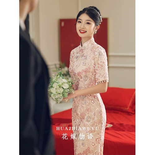 Вечернее платье, ципао, розовое свадебное платье для невесты, китайский стиль, коллекция 2023, яркий броский стиль, изысканный стиль
