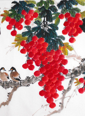 名家手绘真迹花鸟水墨画四斗方荔枝吉利图中式玄关餐厅客厅装饰画