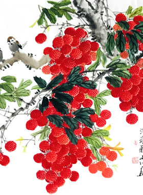 手绘真迹花鸟水墨国画四斗方荔枝双鸟吉利图玄关餐厅客厅装饰带框