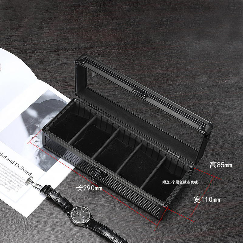 哑光黑专利正品手表收纳盒配软表枕上盖透明玻璃5位铝合金热销款
