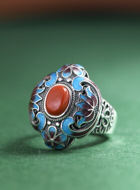 景泰蓝复古南红玛瑙碧玉女款戒指