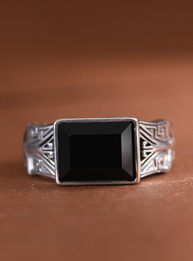 送男友黑玛瑙礼物戒指开口可调节