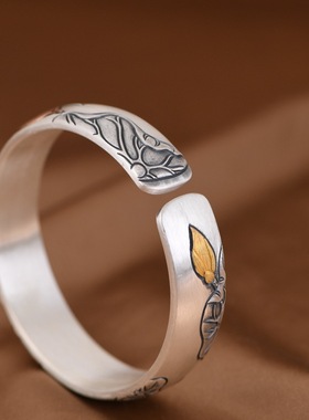 足银手镯复古莲花浮雕小众设计女