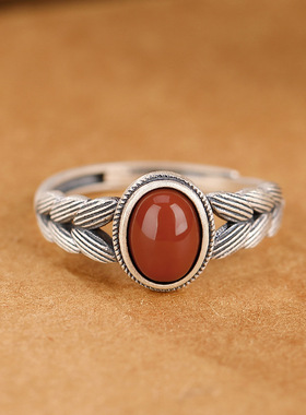 足银戒指南红玛瑙麦穗民族风女款