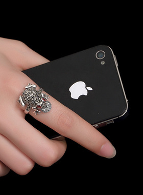 纯银镶嵌金蟾开口食指复古银戒指