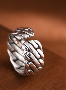 纯银复古工艺手工编织男士银戒指