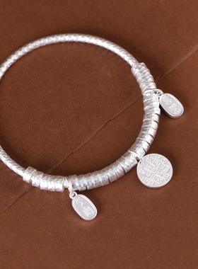 足银手镯黄财神盘缠手环闭口女款