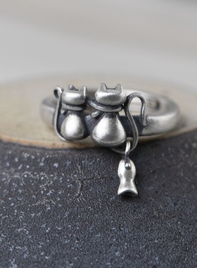 古银铺银复古做旧S925情侣小花猫