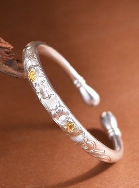 足银手镯牡丹花开口小众设计镯子