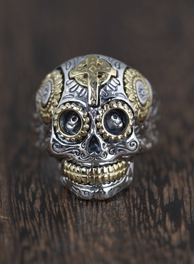 古银铺纯银复古银饰骷髅男款朋克