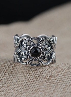 复古泰银饰品祥云镂空玛瑙戒指