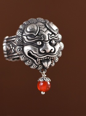 足银醒狮开口小众设计女款银戒指