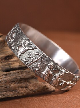 足银老银马蹄手镯小众设计银镯子