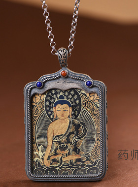 手绘黑金唐卡复古工艺方形项链坠