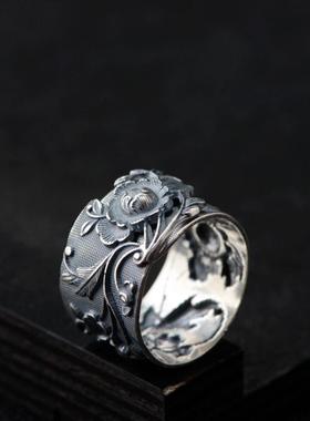 银戒指复古浮雕花开富贵