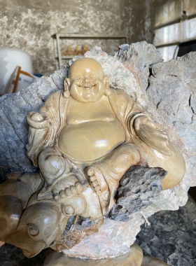 天然根艺根雕风化枯木根抱石笑口常开弥勒装饰观赏家居办公摆件