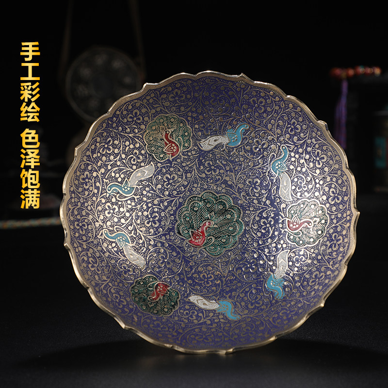 尼泊尔工艺孔雀彩绘果盘铜制家用佛前用品水果盘贡品盘桌面摆件,淘宝优惠券,粉丝福利购,淘宝优惠卷