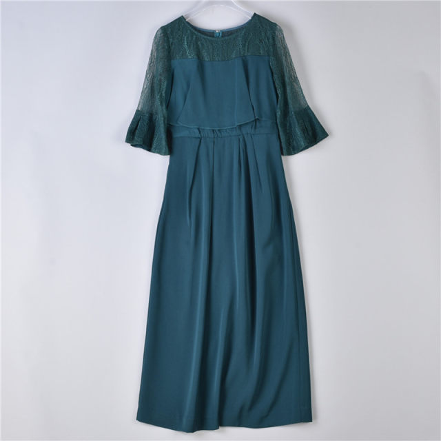 216 high-end goods lace satin stitching dress women 74527 trumpet half-sleeve slim evening dress long dress