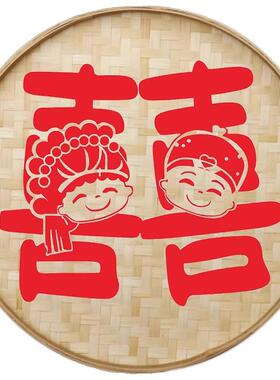 囍手绘簸箕画结婚喜禧字装饰双层上防虫油圆湖喜竹编婚嫁场景装饰