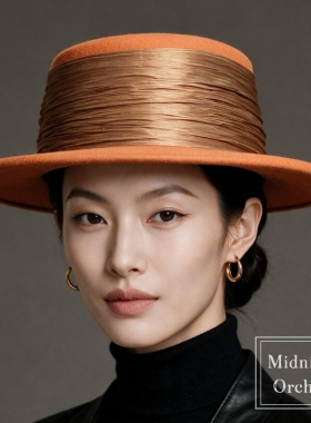 零点兰花秋冬款轻奢丝麻平顶毛呢礼帽子女时尚简约优雅百搭平檐帽