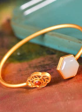 天然和田玉925银棱形手镯个性