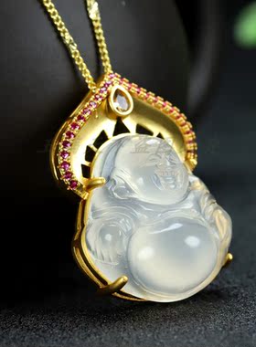 天然冰种玉髓真金玛瑙女笑佛项链