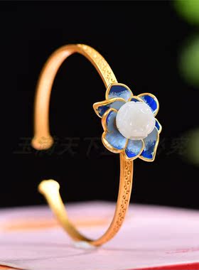 新疆天然和田玉925银荷花手镯