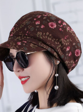 新款中老年2026帽子早秋时装印花布碎花褶皱妈妈平顶帽洋气鸭舌帽