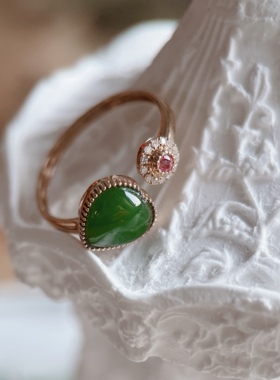 高品质18K金钻石镶嵌碧玺天然和田碧玉冰阳绿辣菠菜绿开口戒指
