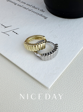 Niceday耳饰S925纯银镀14K金罗缎纹耳圈小巧欧美百搭高级感耳扣