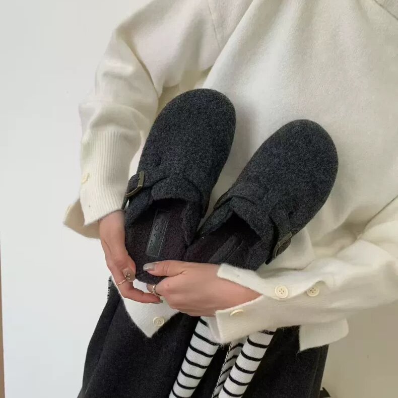 Vela 豹纹皮带扣厚底包头半拖鞋毛毛鞋女秋冬外穿加绒懒人穆勒鞋 - 图2