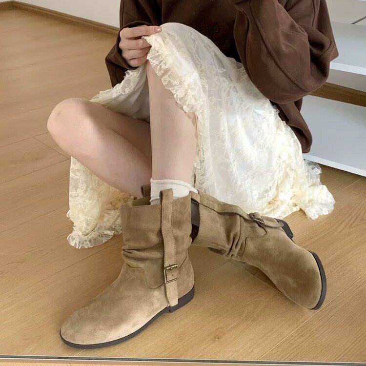 BULAGE女靴复古骑士靴女秋显瘦百搭美拉德绒面短靴黑色低跟中筒靴,淘宝优惠券,粉丝福利购,淘宝优惠卷