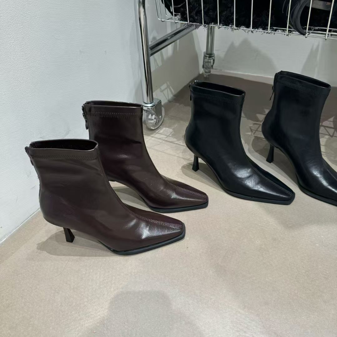 NAIJIAOER2025新款尖头瘦瘦靴女细跟高跟短靴后拉链显瘦气质马丁 - 图0