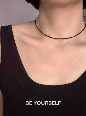 2mm极细黑色红色尖晶石项链女
