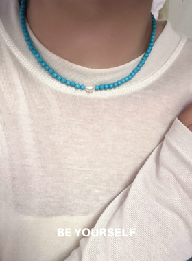 蓝色天然松石淡水珍珠串珠项链女法式简约气质百搭锁骨链颈链