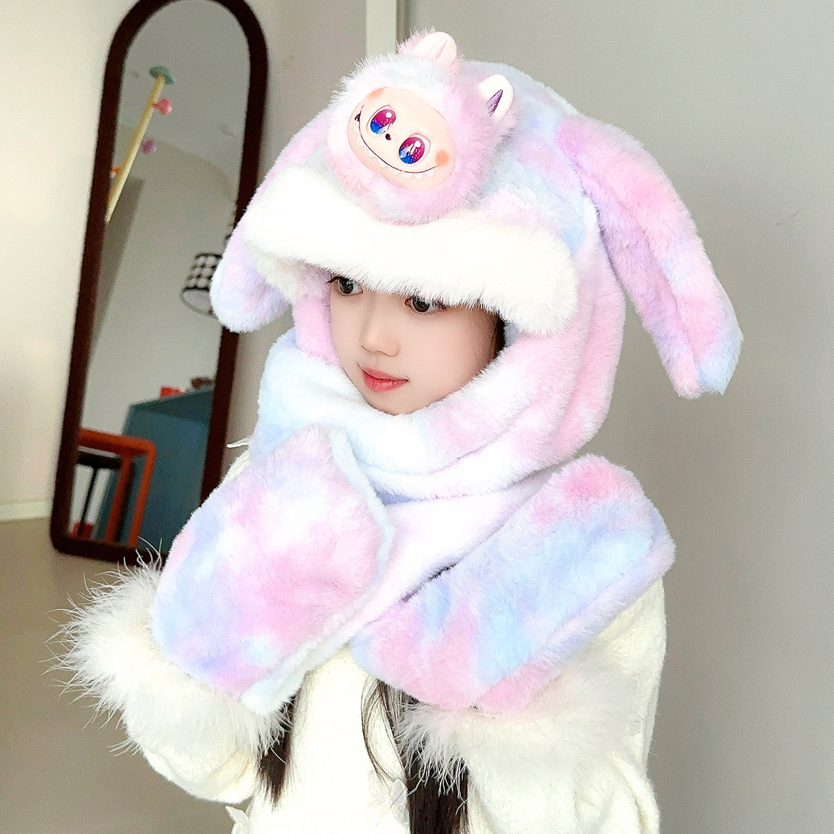 库洛米儿童帽子围脖手套一体冬季保暖防风耳朵会动新款女宝毛绒帽,淘宝优惠券,粉丝福利购,淘宝优惠卷