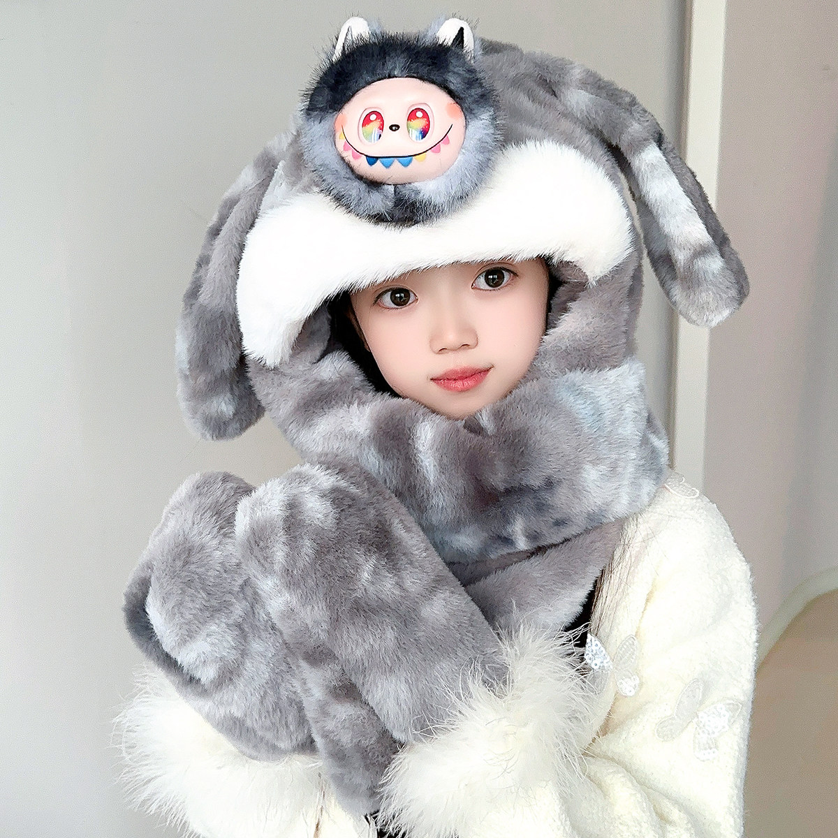 库洛米儿童帽子围脖手套一体冬季保暖防风耳朵会动新款女宝毛绒帽,淘宝优惠券,粉丝福利购,淘宝优惠卷