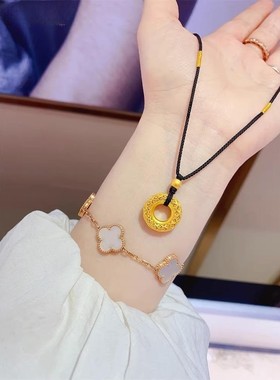 包金黄金包银首饰项链女黄金色凤羽平安扣吊坠本命年情侣编织黑绳