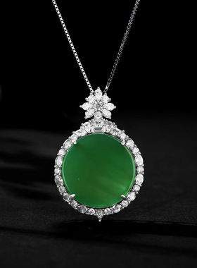 S925纯银新中式天然绿玉髓无事牌吊坠满绿玉石圆形国风项链锁骨链