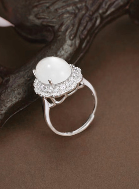 S925纯银新中式鸽子蛋戒指镶嵌高冰玉髓蛋面女戒简约时尚开口指环